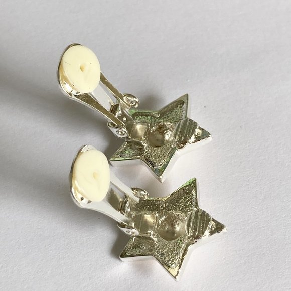 Vintage White Enamel Stars Clip On Earrings 80s 90s Silver Plated Celestial - Picture 9 of 11